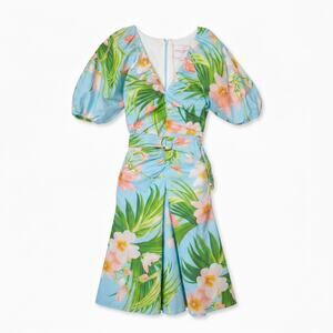 Carolina Herrera Blue Tropical Floral Midi Dress | Puff Sleeves | Belted